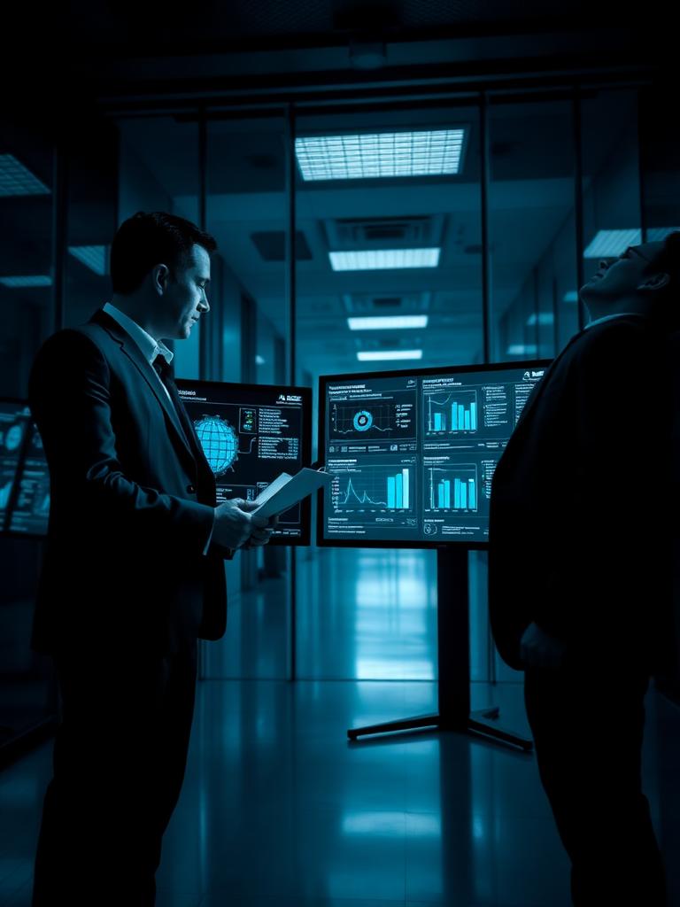 Consultores de ciberseguridad analizando indicadores de riesgo frente a paneles con dashboards