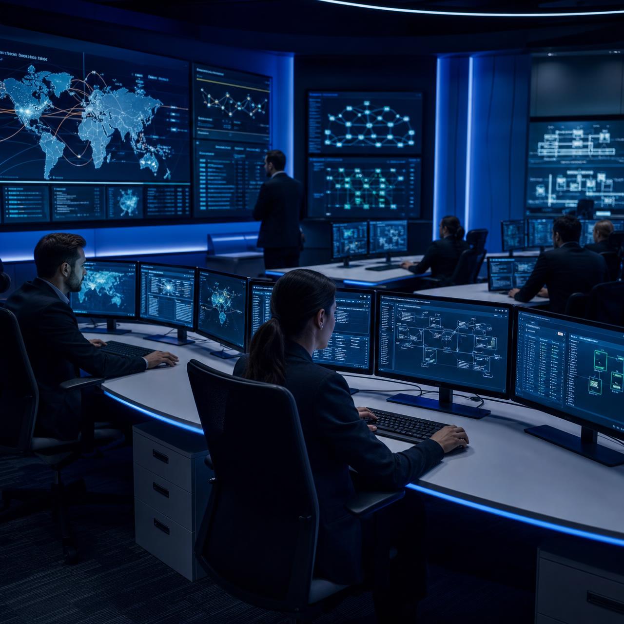 Centro de operaciones de ciberseguridad con múltiples pantallas mostrando topología de red y monitoreo en tiempo real