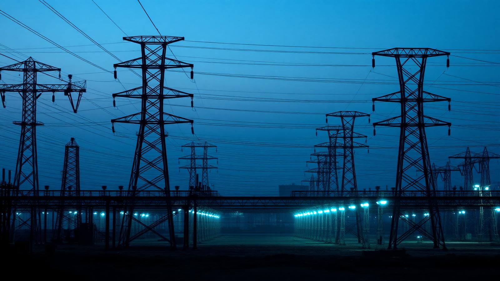 Infraestructura eléctrica de gran escala con torres de alta tensión al anochecer