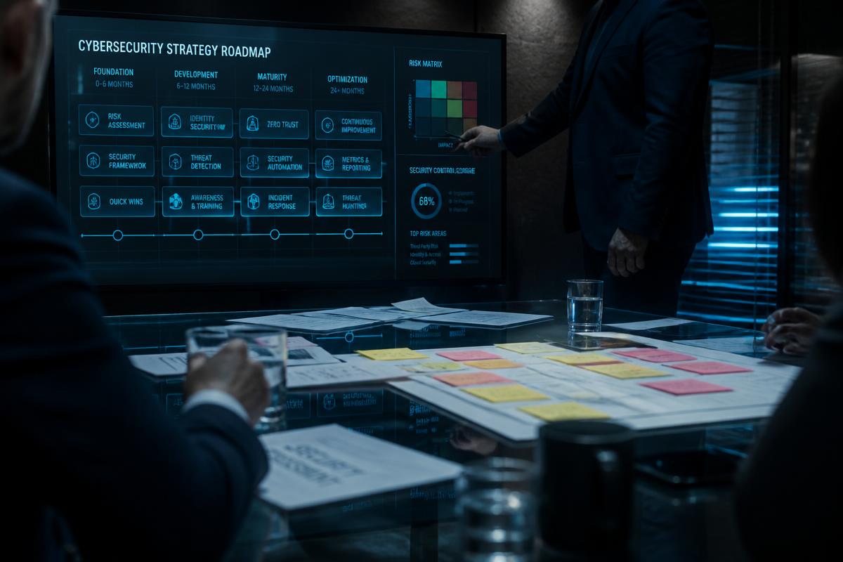 Equipo de consultoría evaluando y planificando controles de ciberseguridad