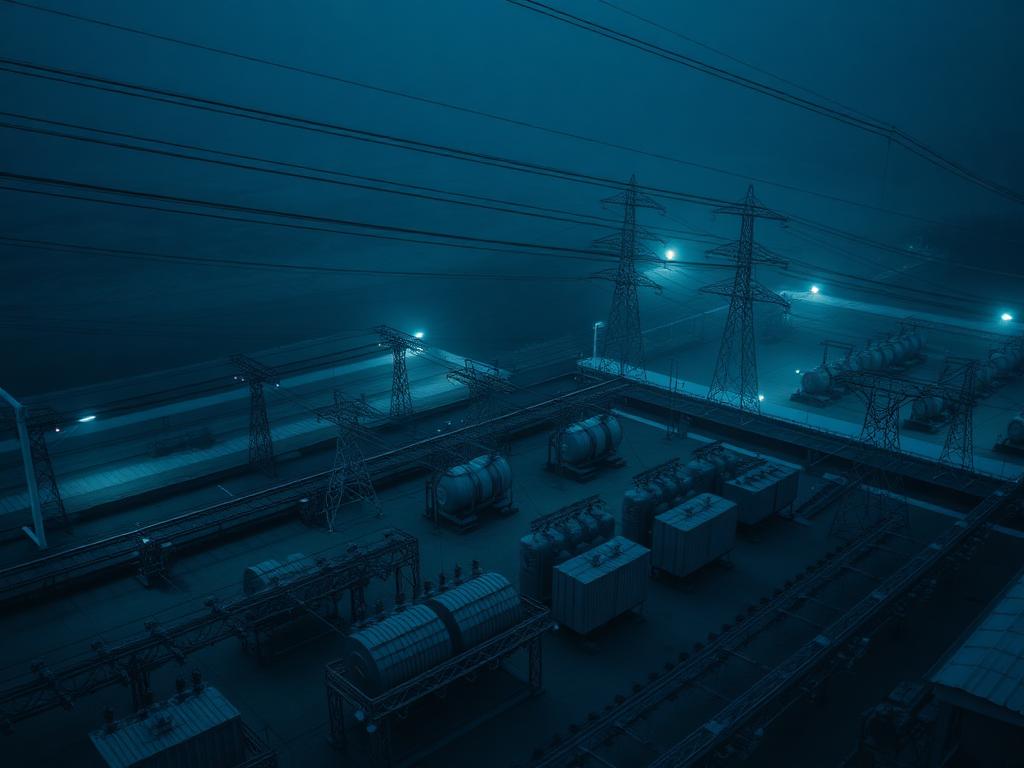Subestación eléctrica con transformadores de alta tensión al atardecer