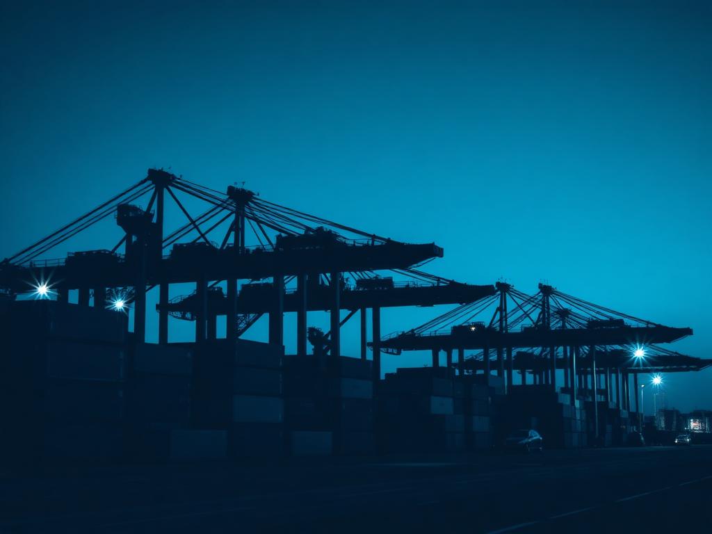 Terminal portuario con grúas y contenedores apilados