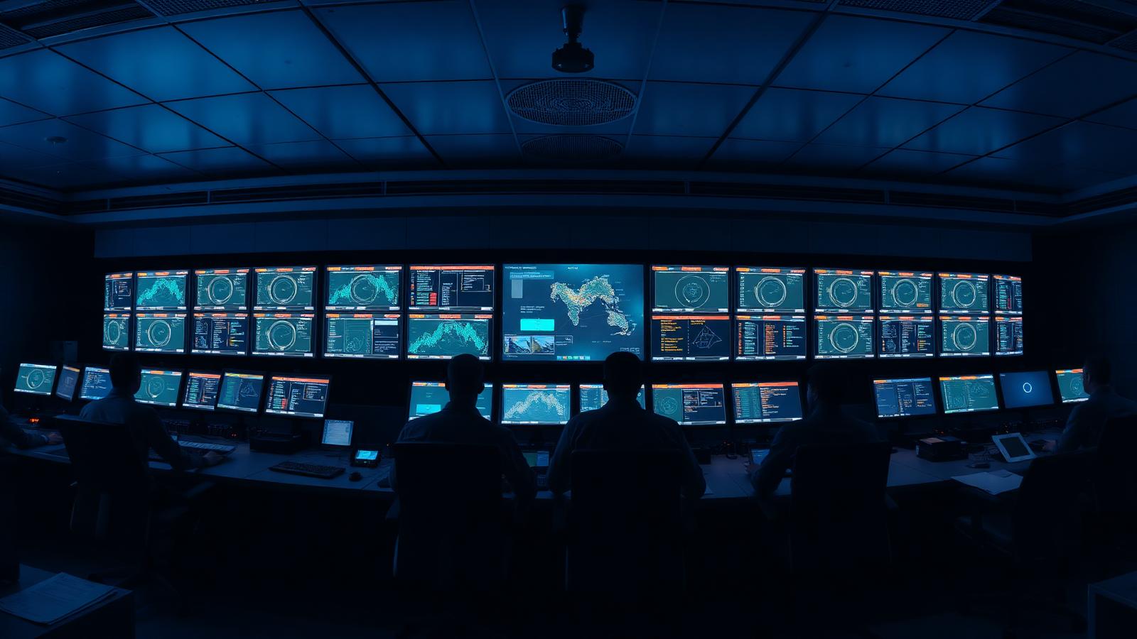Sala de control operacional monitoreando infraestructura crítica